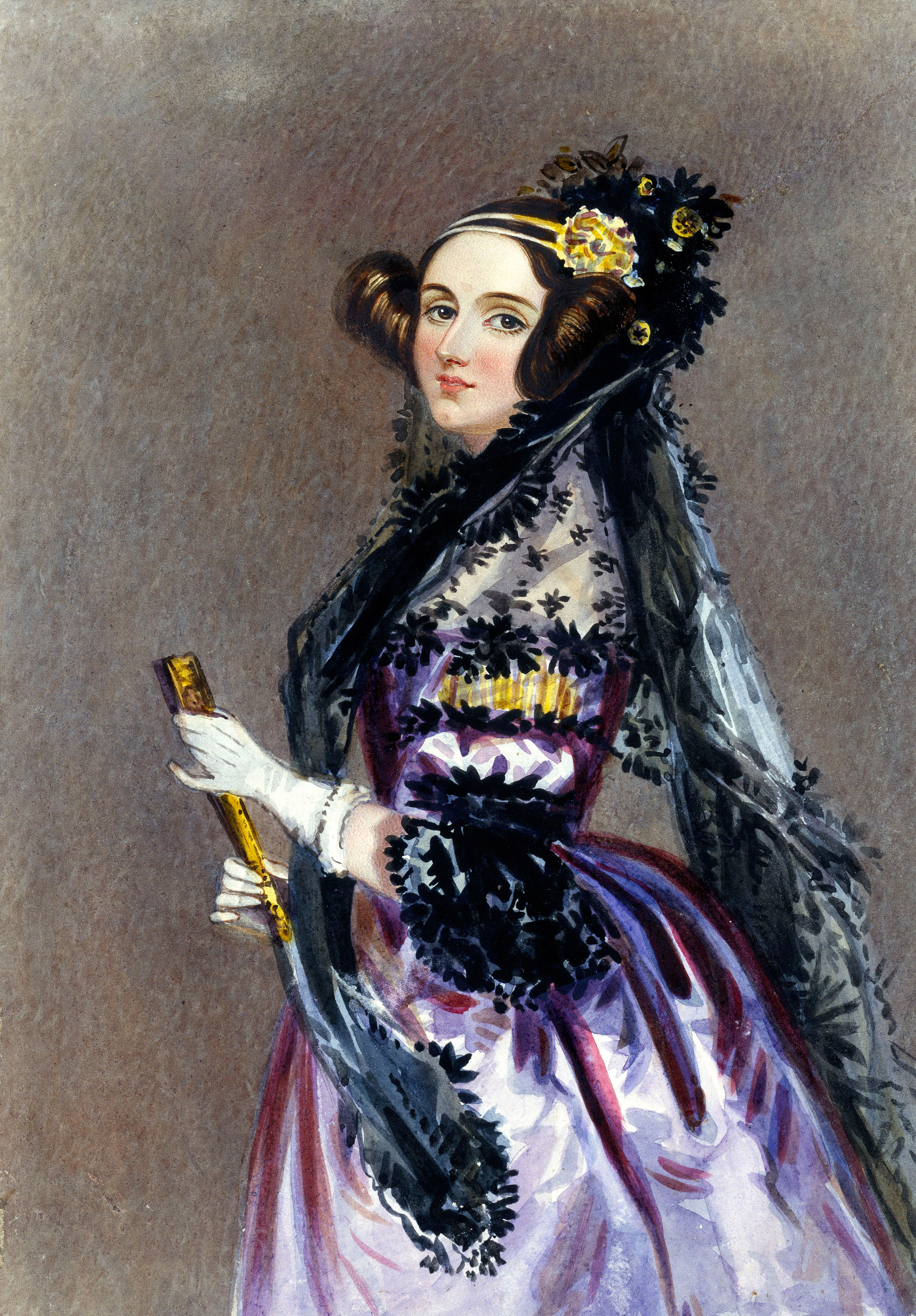 Watercolour portrait of Ada Lovelace in a purple and white dress.