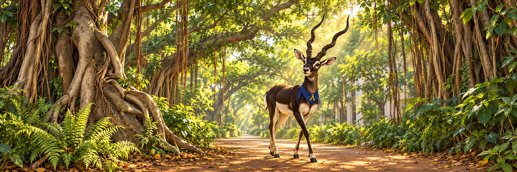 A blackbuck wearing a blue scarf with a gold lambda walks along a sunlit path beneath banyan trees.
