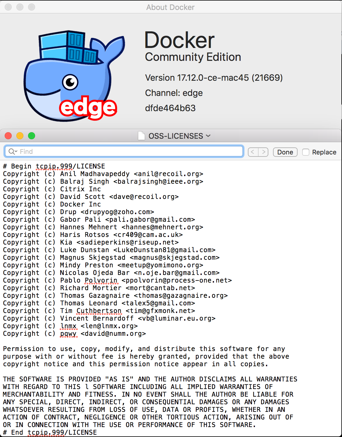Docker for Mac about box and its open-source license list
crediting the MirageOS tcpip library